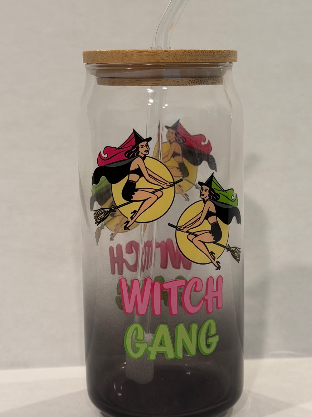 Witch Gang Ombre Glass Tumbler with Straw - Pink & Green